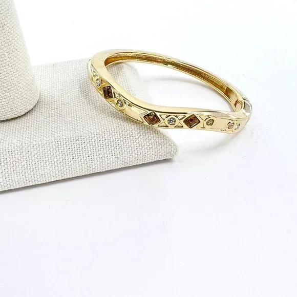 Brown & Clear Gemstone Gold Tone Hinged Cuff Magnetic Closure Bracelet - Picture 1 of 6